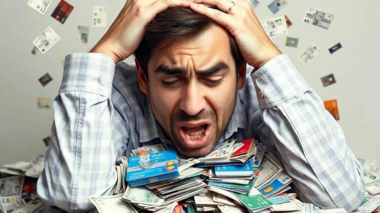 A stressed man holds his head, overwhelmed by a pile of scattered credit cards and cash.