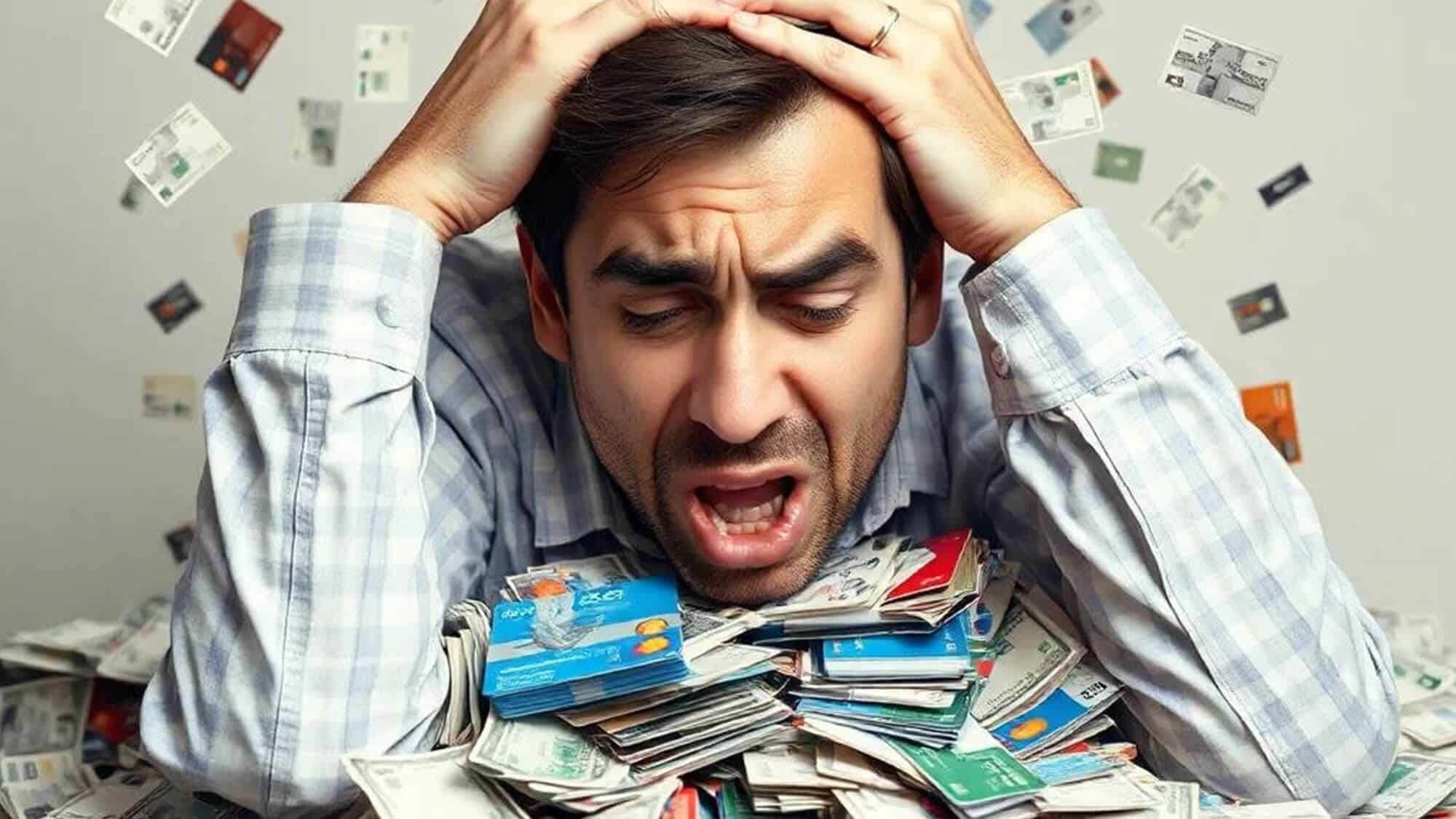 A stressed man holds his head, overwhelmed by a pile of scattered credit cards and cash.