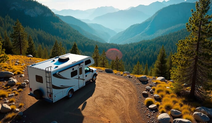 A white camper van is parked on a dirt path overlooking a vast mountain valley. Sunlight casts a warm glow, and pine trees surround the scene.