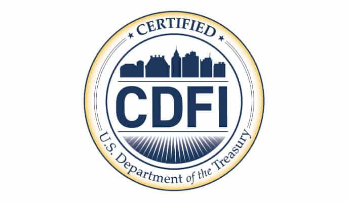 Circular logo with "CERTIFIED CDFI" in bold letters, a city skyline above. Outer ring reads "U.S. Department of the Treasury."