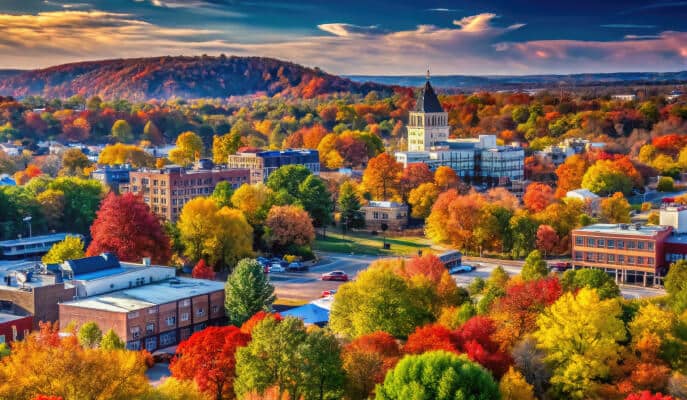 Aerial view of a vibrant autumn townscape with colorful trees in red, orange, and yellow. Historic buildings and a tower stand against a hilly backdrop.