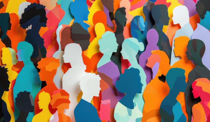 Colorful paper cutouts of diverse human silhouettes overlapping, creating a vibrant mosaic. The artwork conveys unity and diversity with a lively tone.