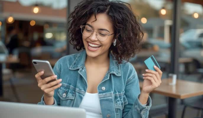 Smiling woman in a denim jacket holding a phone and credit card, sitting at a cafe with a laptop. The scene conveys a cheerful, relaxed atmosphere.