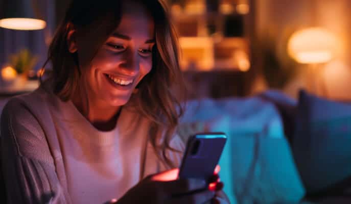 A woman in a cozy setting smiles warmly at her smartphone. Soft, warm lighting and a blurred background create an intimate, relaxed atmosphere.