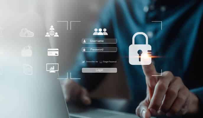 A person touches a digital padlock on a screen, with login interface icons like username and password fields, symbolizing cybersecurity and login security.