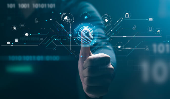 Close-up of a hand giving a thumbs-up with a glowing digital fingerprint scanner, surrounded by futuristic cybersecurity and data network icons, representing secure digital access and identity authentication.