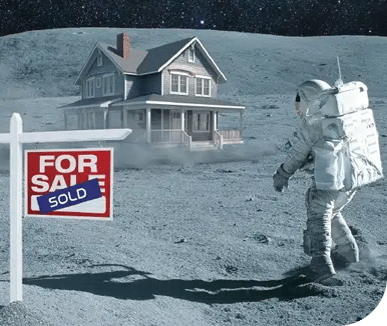 An astronaut stands on the moon near a "For Sale" sign marked "Sold," looking at a house. Earth and stars are visible in the background sky. Surreal and whimsical.