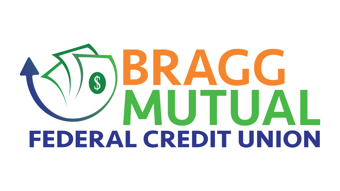 Logo of Bragg Mutual Federal Credit Union with an upward arrow enclosing paper bills. "Bragg Mutual" is in orange and green, with a positive, financial theme.