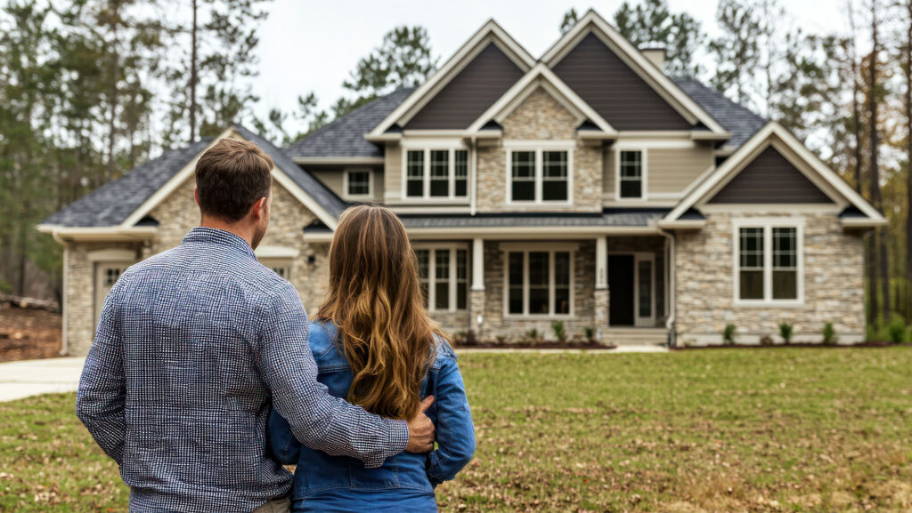 Young couple with back's turned to camera staring at large house in the distance.