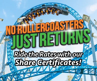 A rollercoaster loop with riders, overlaid text reads 'No Rollercoasters, Just Returns. Ride the Rates with our Share Certificates!' Money flutters around.