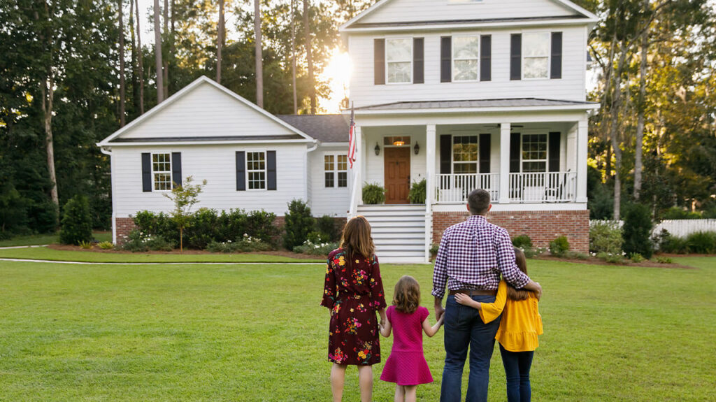 Family of four standing in front yard looking at new home.