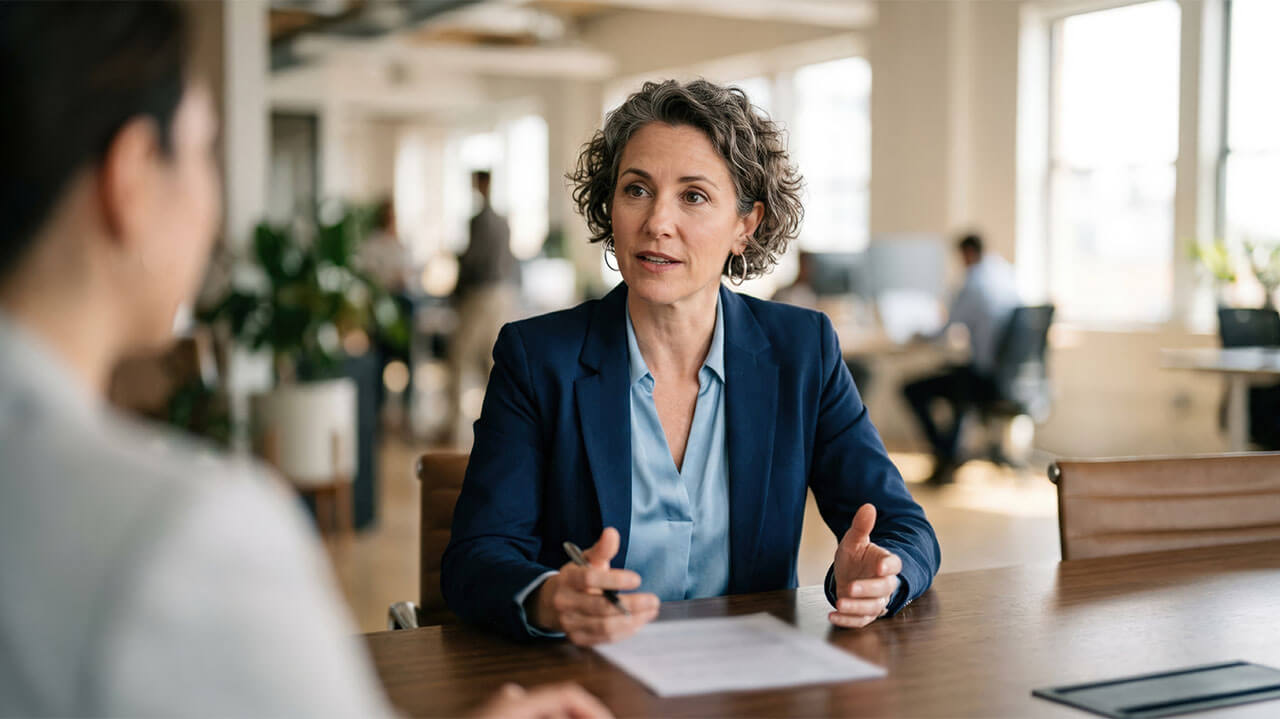 Businesswoman sitting on one side of table discussing with another one across from here.